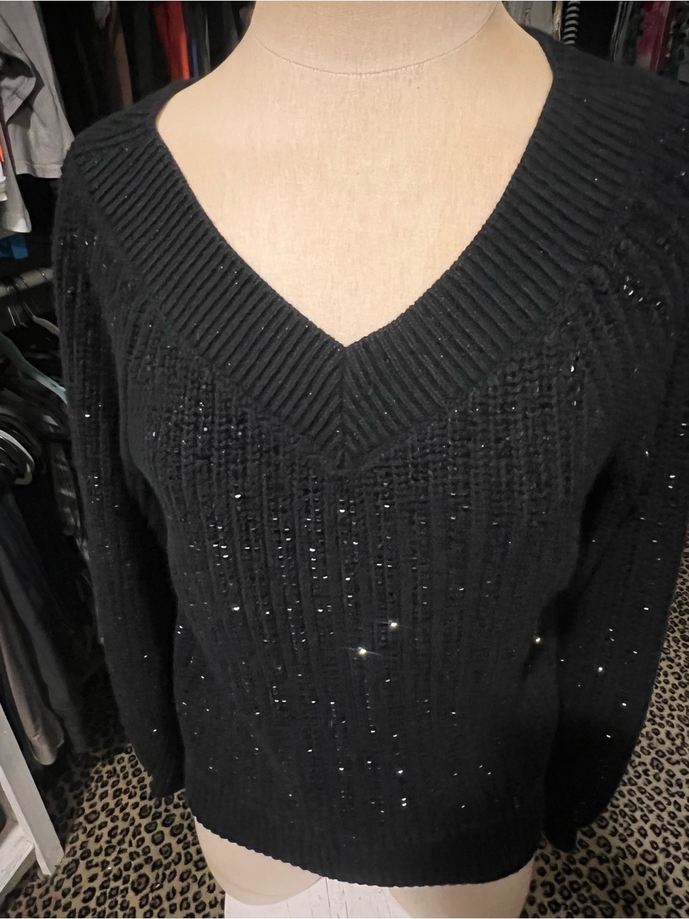 Black V-Neck Sequin Knit Sweater - Women's